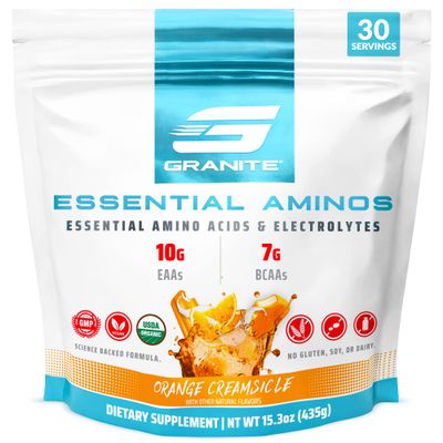 Granite Essential Amino Acids Powder for Muscle Recovery and Growth with 10g EAAs and 7g BCAAs - Soy-Free, Gluten-Free, 448g (30 Servings), Orange Creamsicle Flavor