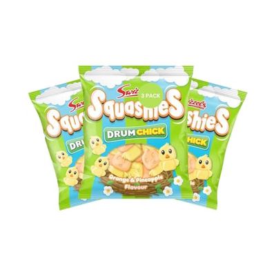 Squashies DrumChick Orange &amp; Pineapple Flavor Candies - Chewy Retro Sweets, Perfect for Easter, Party Bags, Hampers &amp; Sweet Treats - 120g (3 Pack) - Imported from the UK