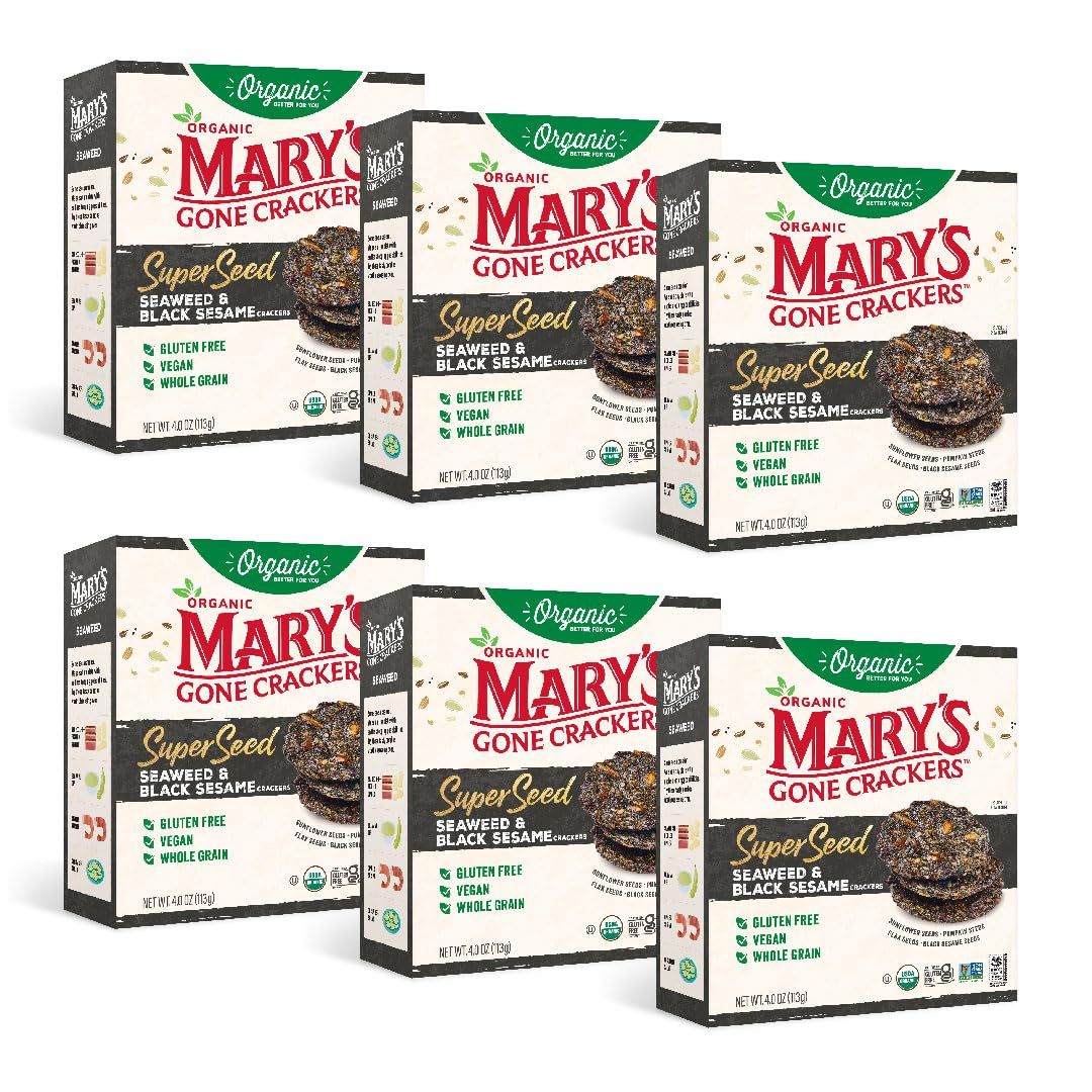Mary&#39;s Gone Crackers Super Seed Crackers, Seaweed &amp; Black Sesame, 4 Ounce (Pack of 6), Organic Plant Based Protein, Gluten Free