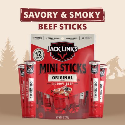 Jack Link's Mini 100% Beef Sticks, Original Flavor - 6g of Protein Snacks, 65 Calories per Stick, On the Go Snacking, Keto &amp; Paleo Snack, Carnivore Diet Ready, Individually Wrapped, 0.5 Oz. (12 Count)