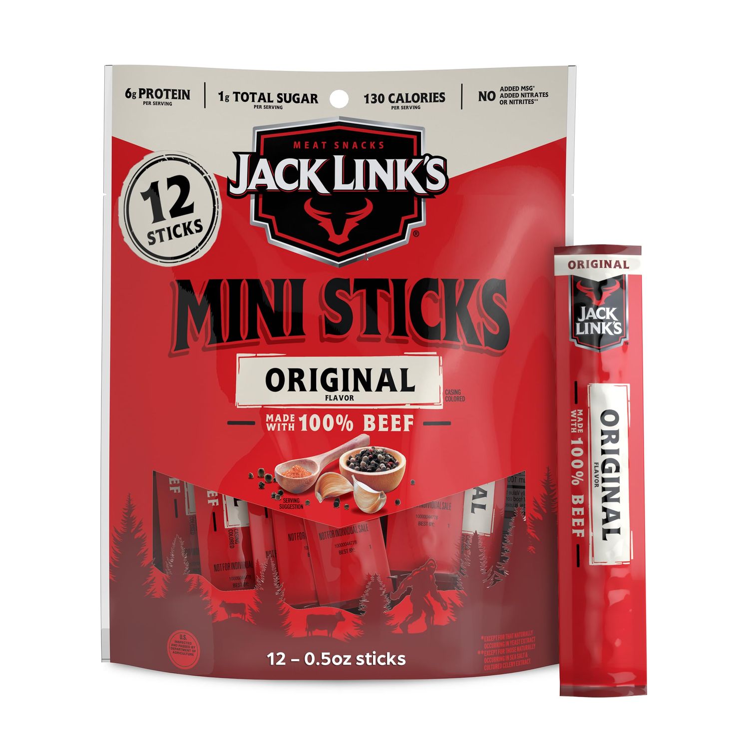 Jack Link&#39;s Mini 100% Beef Sticks, Original Flavor - 6g of Protein Snacks, 65 Calories per Stick, On the Go Snacking, Keto &amp; Paleo Snack, Carnivore Diet Ready, Individually Wrapped, 0.5 Oz. (12 Count)