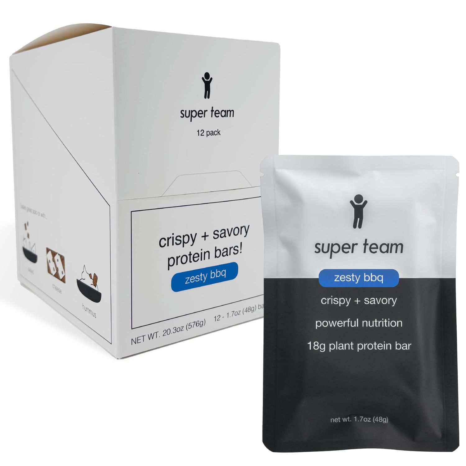 Super Team Savory  Crispy Protein Bars - Zesty BBQ - 12-Count Snack Bars - High Protein (18g), High Fiber (7g), Low Sugar (1g) - Gluten Free, Nut Free, Soy Free, Vegan Plant Based Meal Replacement
