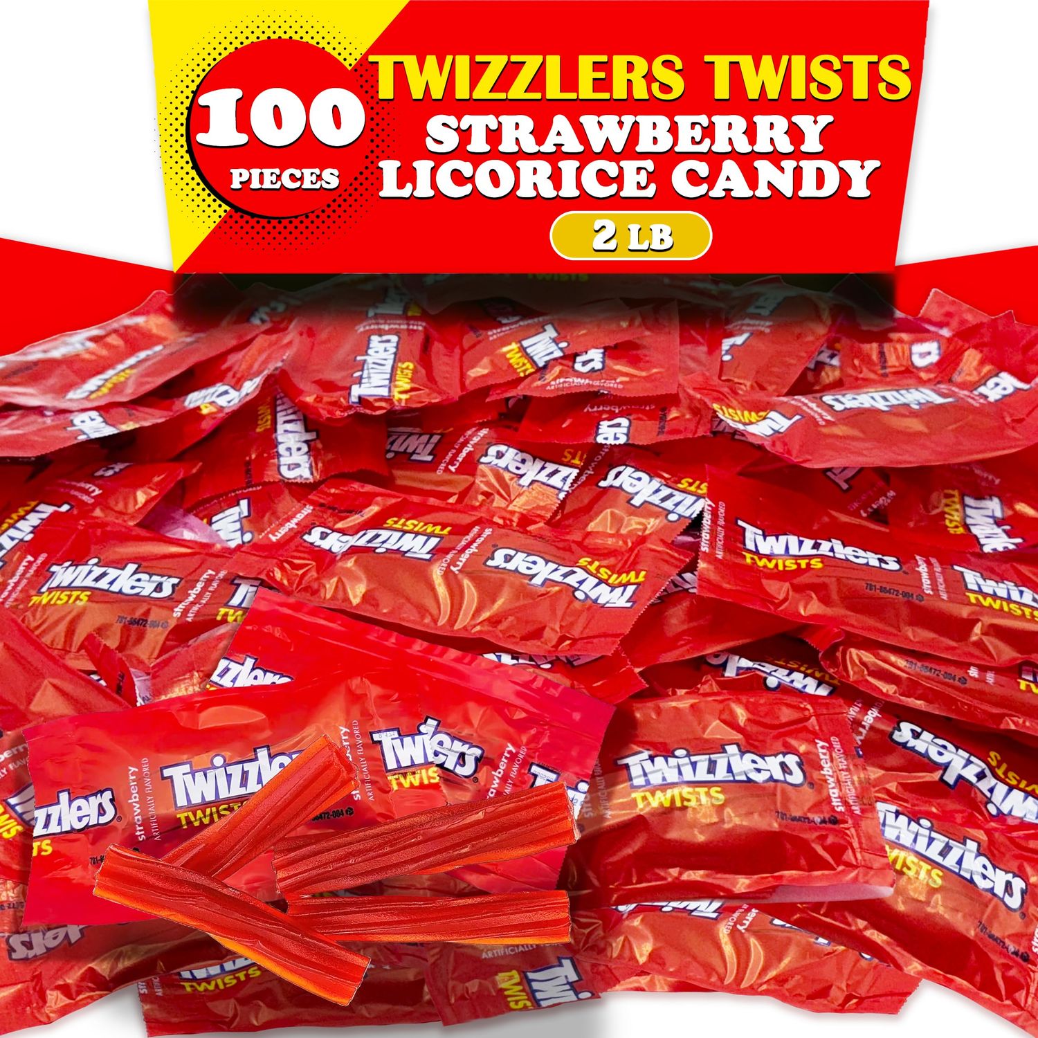 Twizzles Twists Strawberry Flavor, 2 Lbs Bulk, Individually Wrapped Chewy Licorice Candy, Mini Snack Size Treats for Parties Birthday &amp; Snacking, Appx 100 Pc