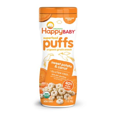 Happy Baby Organic Superfood Puffs Sweet Potato &amp; Carrot, 2.1 Ounce Canister Organic Baby or Toddler Snacks, Crunchy Fruit &amp; Veggie Snack, Choline to Support Brain &amp; Eye Health