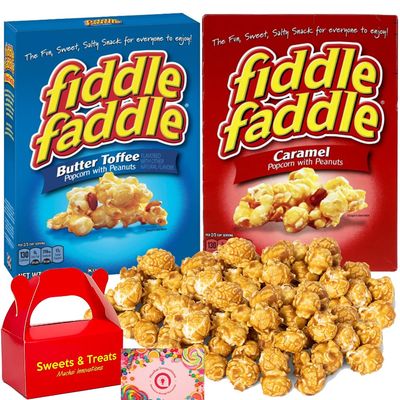 Fiddle Faddle Popcorn Snack  Caramel &amp; Butter Toffee Flavors with Roasted Peanuts  Sweet Delicious Coated Popcorn  Movies School Office Birthday Holiday Party Gift  Plus Muchai Treat Box (2 Boxes)