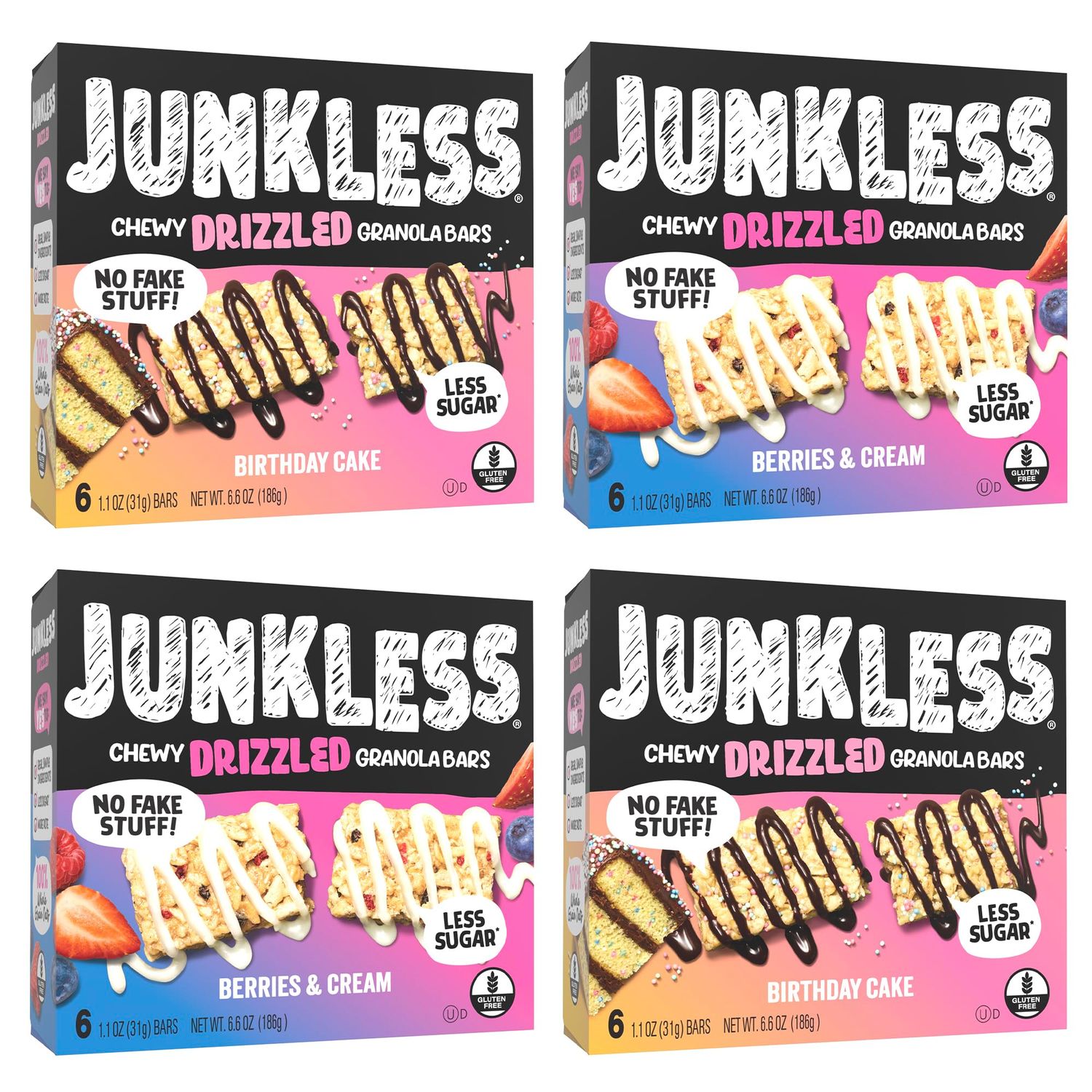 Junkless Chewy Drizzled Granola Bars 2-Flavor Variety Pack - Birthday Cake, Berries &amp; Cream - Less Sugar, Great Tasting, Wholesome Snacks - Bulk Granola Bars - 1.1 oz. Bars, 4 Boxes