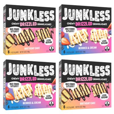 Junkless Chewy Drizzled Granola Bars 2-Flavor Variety Pack - Birthday Cake, Berries &amp; Cream - Less Sugar, Great Tasting, Wholesome Snacks - Bulk Granola Bars - 1.1 oz. Bars, 4 Boxes