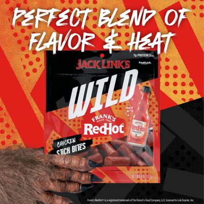 Jack Link's Wild Chicken Stick Bites Made with Frank's RedHot Flavor, Mini Meat Sticks, Shareable Under 100 Calories Snack Packs with 7g of Protein, Bulk Pack of Individual Bags - 4oz (8 Count)