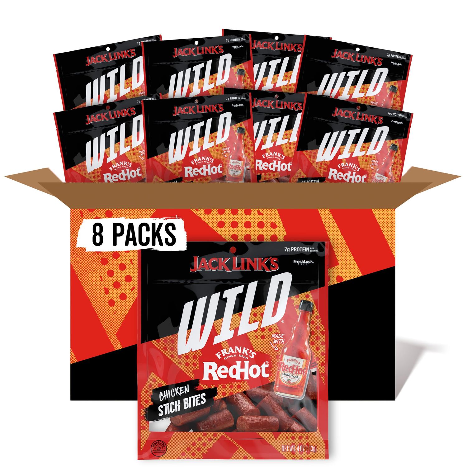 Jack Link&#39;s Wild Chicken Stick Bites Made with Frank&#39;s RedHot Flavor, Mini Meat Sticks, Shareable Under 100 Calories Snack Packs with 7g of Protein, Bulk Pack of Individual Bags - 4oz (8 Count)