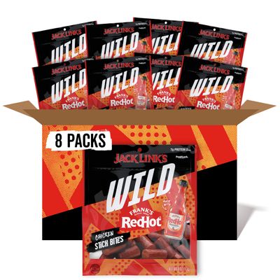 Jack Link&#39;s Wild Chicken Stick Bites Made with Frank&#39;s RedHot Flavor, Mini Meat Sticks, Shareable Under 100 Calories Snack Packs with 7g of Protein, Bulk Pack of Individual Bags - 4oz (8 Count)