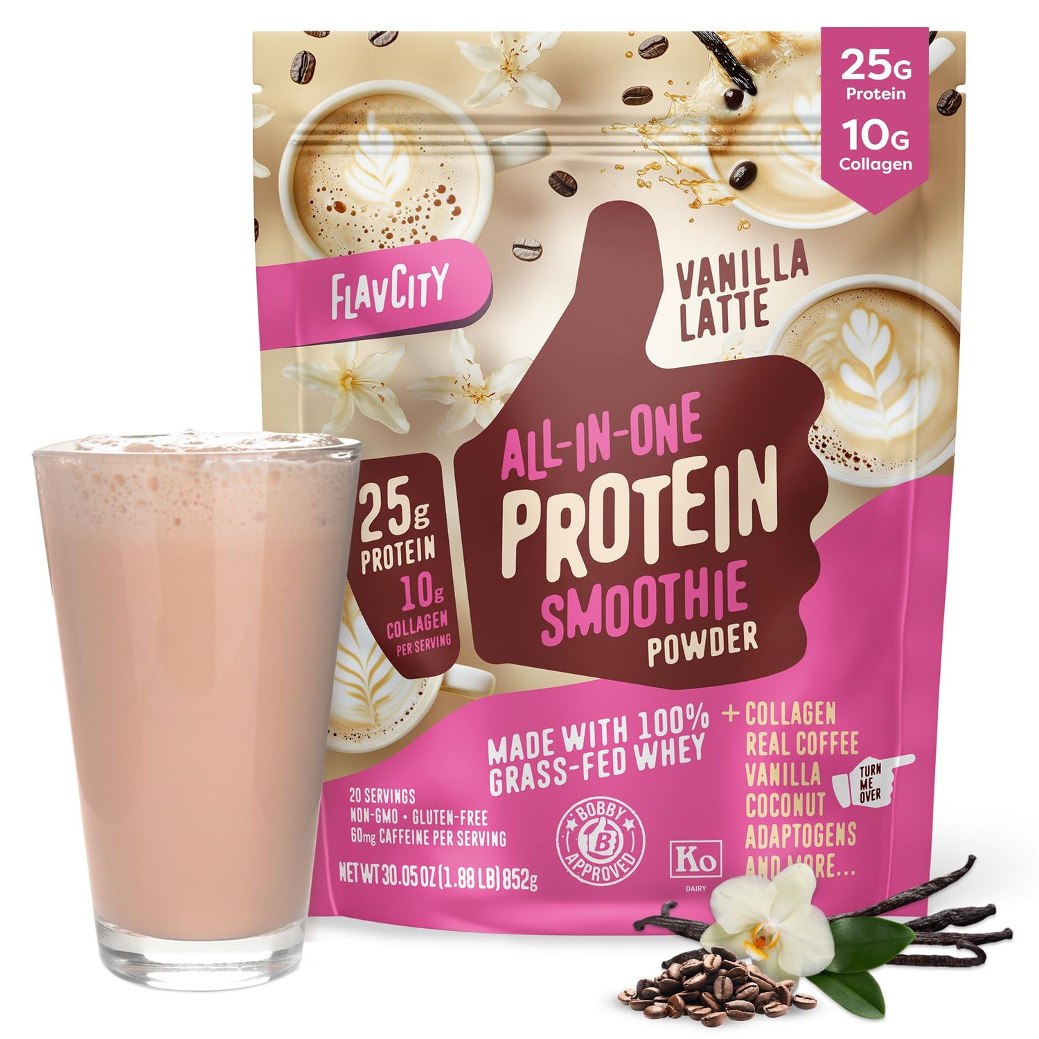 FlavCity Grass Fed Whey Protein Powder - Vanilla Latte - 25g Protein, 10g Collagen &amp; 60mg of Caffeine - Made With Real Vanilla Bean &amp; Organic Coconut - Gluten Free &amp; No Added Sugars (20 Servings)