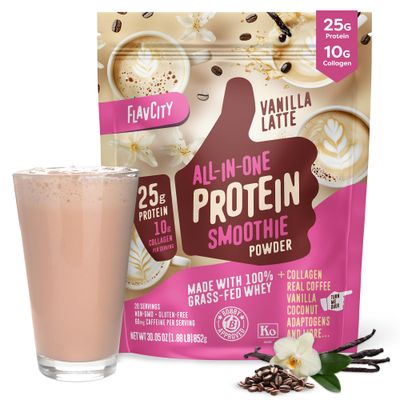 FlavCity Grass Fed Whey Protein Powder - Vanilla Latte - 25g Protein, 10g Collagen &amp; 60mg of Caffeine - Made With Real Vanilla Bean &amp; Organic Coconut - Gluten Free &amp; No Added Sugars (20 Servings)