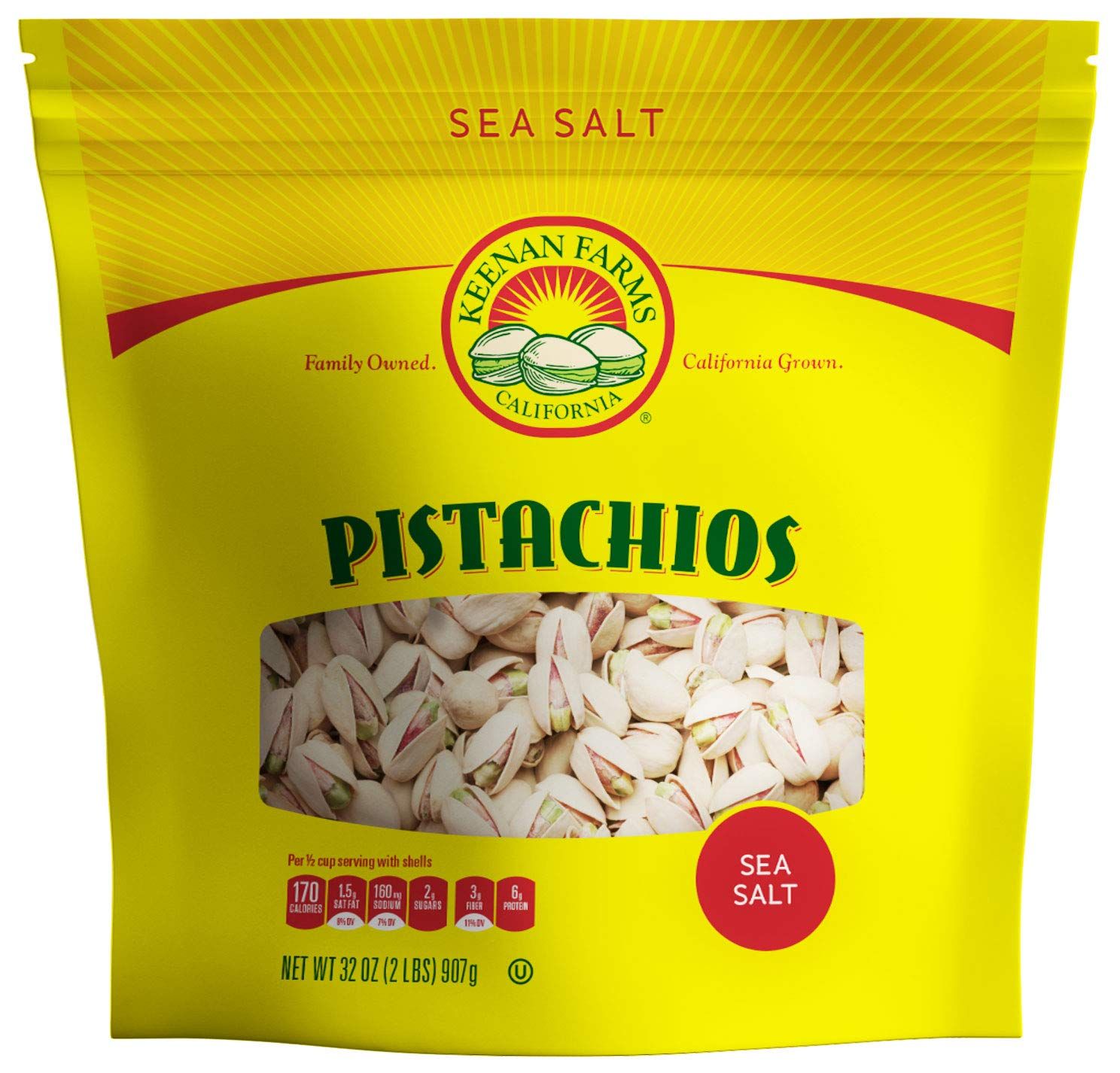 Keenan Farms Pistachio with Sea Salt, In-Shell Reclosable Natural, 32 Ounce Bag