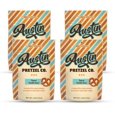 Vanilla Bean Flavor Pretzels - 4 Oz Gourmet Snack, Crunchy Bite-Sized Treats with Rich Butter Toffee Coating - Perfect for Sharing &amp; Indulging Austin Pretzel (Pack of 4)