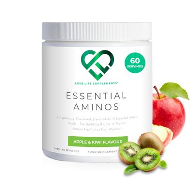 EAA Amino Acids Powder, All 9 Essential Amino Acids Including BCAA&#39;s and 2 Grams of Leucine per Serving, Apple &amp; Kiwi Flavour, 348g - 60 Servings (5g of EAA&#39;s per Serving) - Love Life Supplements