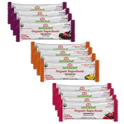 Just Great Stuff Organic Protein Bars, Delicious Greens and Superfoods, Snacks for Kids &amp; Adults, Gluten Free, Vegan, Non GMO, Individually Wrapped, Variety, 12 Pack