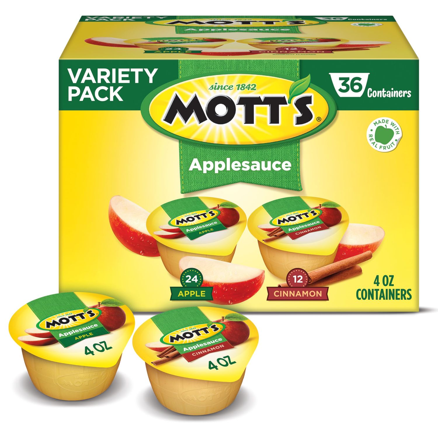 Mott&#39;s Apple &amp; Cinnamon Variety Pack Applesauce, 4 oz cups, 36 count, No Artificial Flavors, Good Source Of Vitamin C, Nutritious Option For The Whole Family