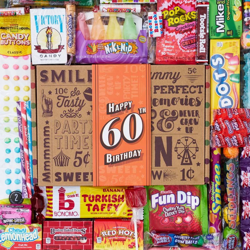 Vintage Candy Co. 60th Birthday Retro Candy Gift Basket - 1965 Party Assortment - Nostalgic Candy and Sweet Snacks Care Package Gift for Men and Women Turning 60 Years Old