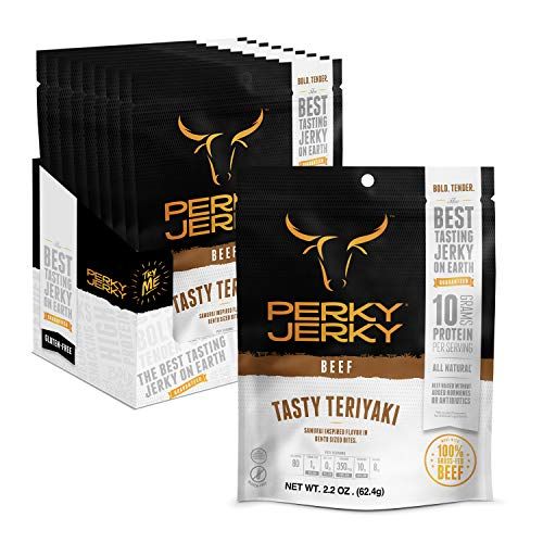 Perky Jerky Tasty Teriyaki 100% Grass Fed Beef Jerky, 2.2oz (Pack of 12) - Antibiotic Free - 10g Protein Per Serving - Low Fat - Tender Texture