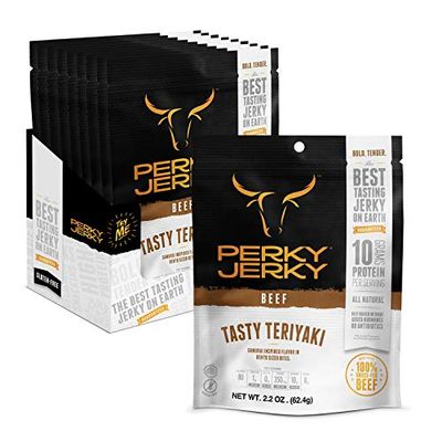 Perky Jerky Tasty Teriyaki 100% Grass Fed Beef Jerky, 2.2oz (Pack of 12) - Antibiotic Free - 10g Protein Per Serving - Low Fat - Tender Texture