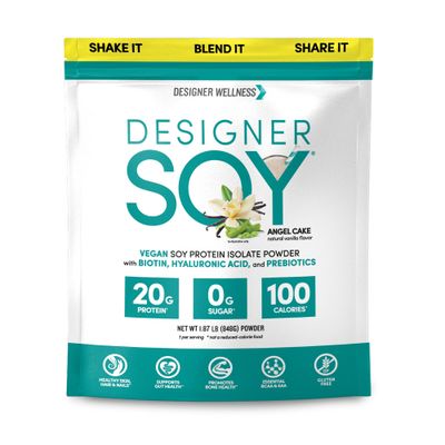 Designer Wellness, Soy Isolate Protein Powder with Biotin, Hyaluronic Acid, and Prebiotics, Vegan, 0 Sugar, Non-GMO, Angel Cake Vanilla, 1.87 lb