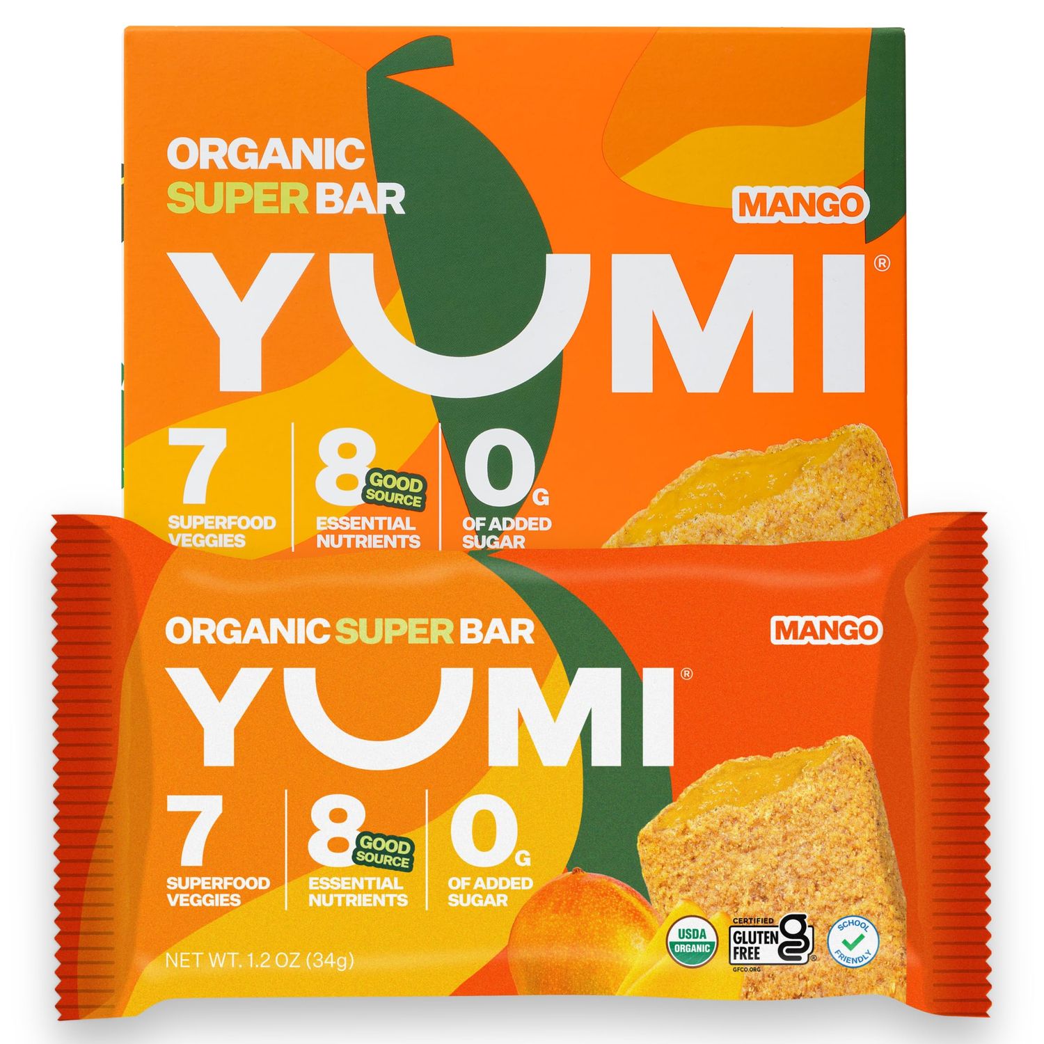 YUMI Organic Breakfast Superbar, Gluten-Free, No Added Sugar, 7 Vegetables, Soft-Baked Crust, Healthy Snack Bars for Kids, School Safe, Healthy Alternative to Granola Bars or Cereal Bars (30ct, Mango)