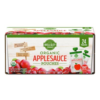 Wellsley Farms Organic Applesauce Pouches, 24-Pack (3.2 oz Each) 100% Real Fruit, No Sugar Added, Gluten-Free, Kosher, No Artificial Colors or Flavors - Healthy On-the-Go Snack.