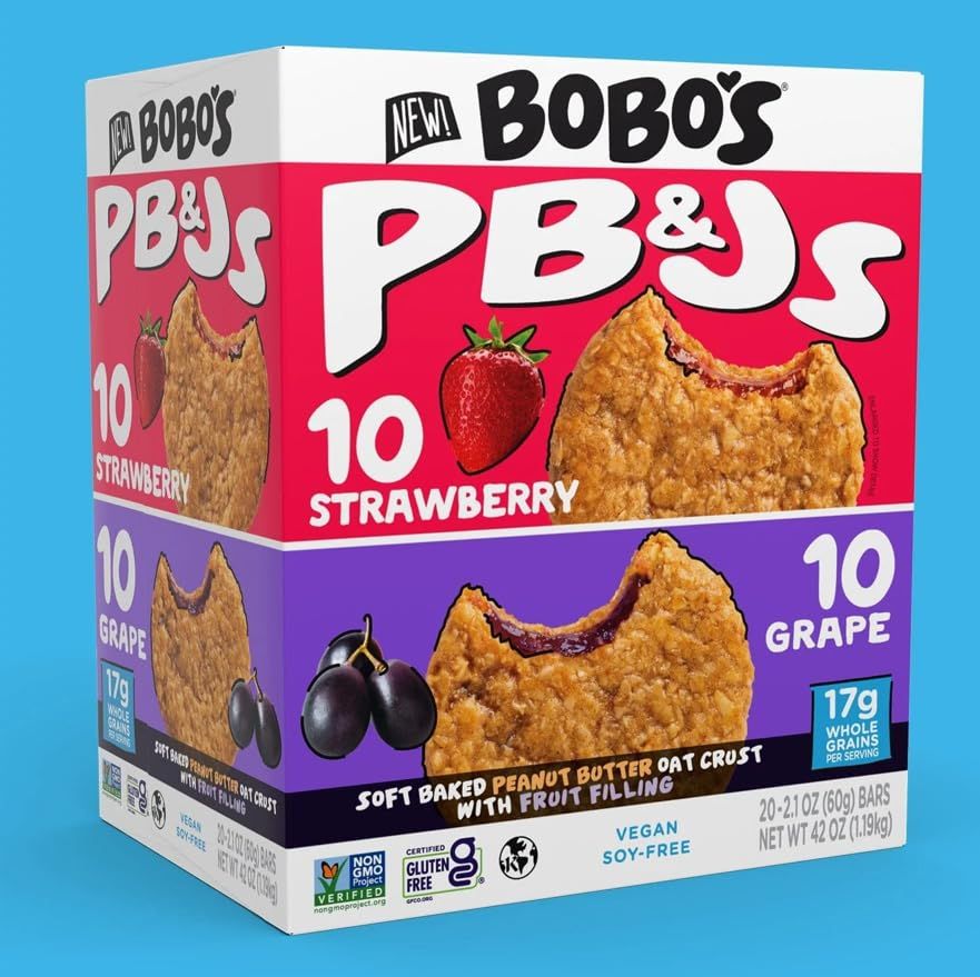 Bobos Gluten Free PB&amp;Js Soft Baked Peanut Butter Oat Crust with Jelly Filling, Grape and Strawberry, 42 OZ (Pack of 20) GLUTEN FREE