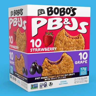 Bobos Gluten Free PB&amp;Js Soft Baked Peanut Butter Oat Crust with Jelly Filling, Grape and Strawberry, 42 OZ (Pack of 20) GLUTEN FREE