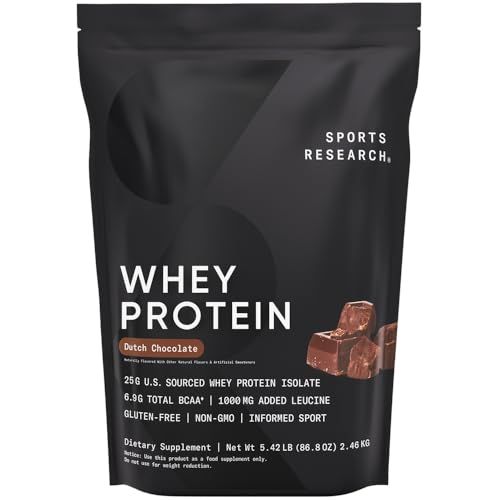 Sports Research Whey Protein - Sports Nutrition Whey Isolate Protein Powder for Lean Muscle Building &amp; Workout Recovery - 5 lb Bag Bulk Protein Powder 25g per Serving - Dutch Chocolate, 56 Servings