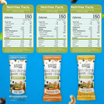 BeanVIVO Plant Based Protein Snacks - Flavors Sea Salt, Habanero BBQ &amp; Dill Pickle with Dried Edamame, Roasted Cashew and Chickpeas - Non-GMO Crunchy Salad Toppers - 6-Pack (1.05 oz Each Pouch)