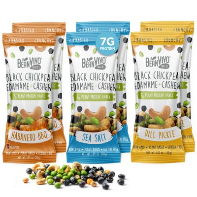 BeanVIVO Plant Based Protein Snacks - Flavors Sea Salt, Habanero BBQ &amp; Dill Pickle with Dried Edamame, Roasted Cashew and Chickpeas - Non-GMO Crunchy Salad Toppers - 6-Pack (1.05 oz Each Pouch)