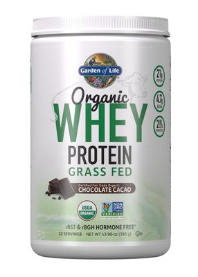 Garden of Life Whey Protein Powder Chocolate Cacao Flavor - 21g Certified Organic Grass Fed Protein for Women &amp; Men  Probiotics - 12 Servings - Gluten Free, Kosher, RBST &amp; rBGH Hormone Free