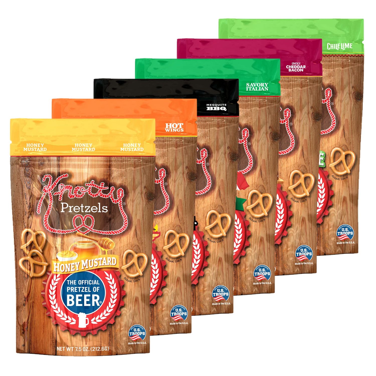 Knotty Pretzels - &quot;The Official Pretzel of Beer&quot; 7.5 Ounce Pretzel in Resealable Snacks Bags - Variety Pack (6 Pack)