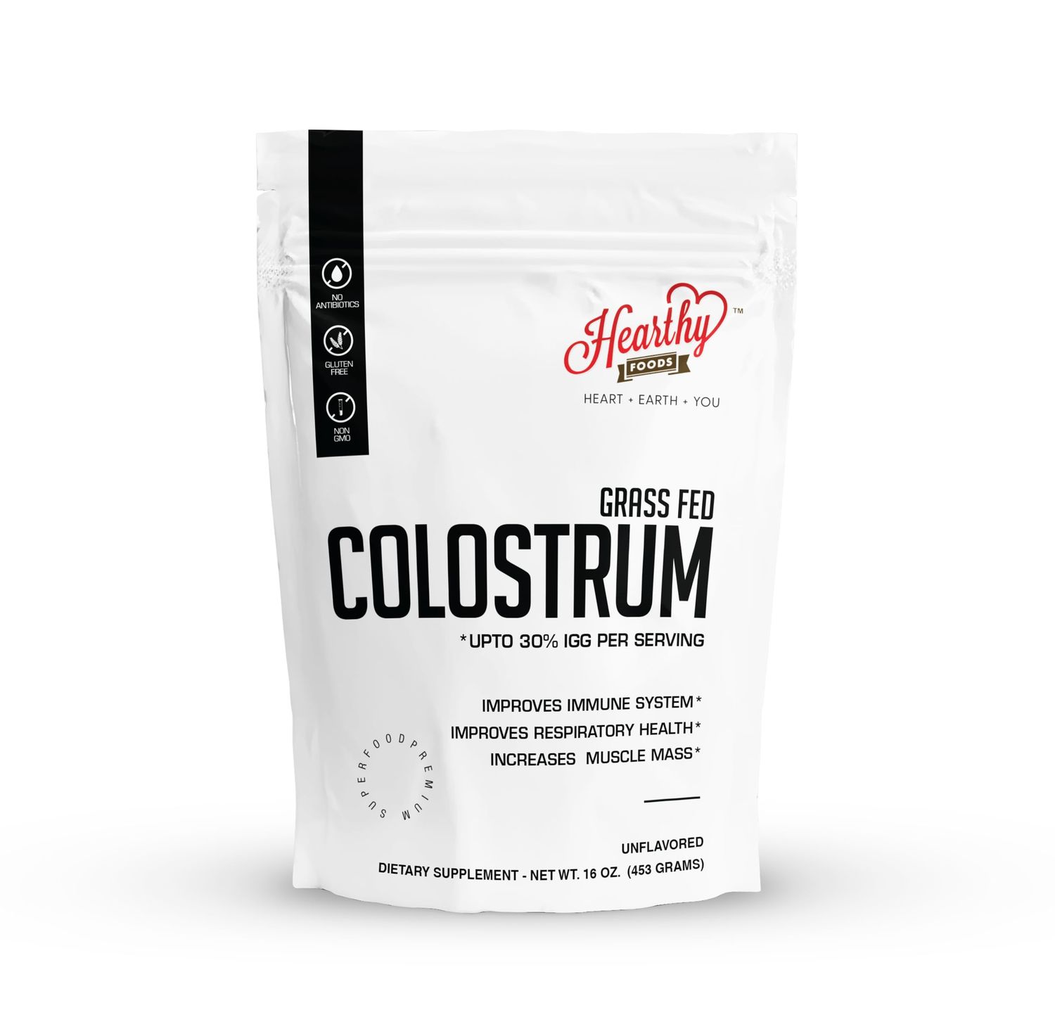 HEARTHY FOODS Bovine Colostrum Powder - Upto 30% IGG, 90 Servings, Leaky Gut Repair Supplements, Gut Health and Immune Support  Grass-Fed Halal Non GMO, Gluten Free 16Oz 454g