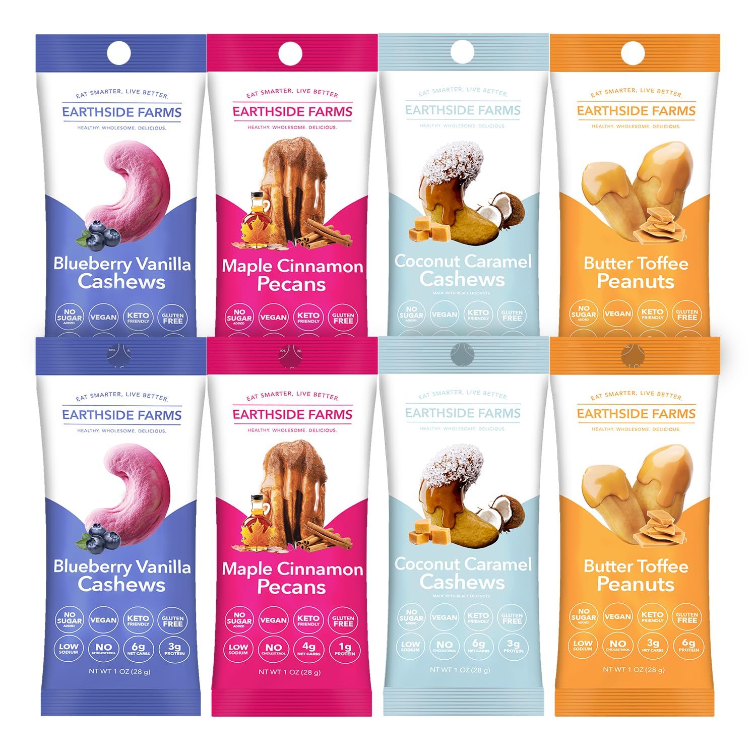 Earthside Farms 8 Count Variety Pack, Individual Packs of Sweet Pecans, Candied Peanuts, and Flavored Almonds, A Keto Friendly, Low Carb, Low Sugar Snack (1 Ounce, Pack of 8)