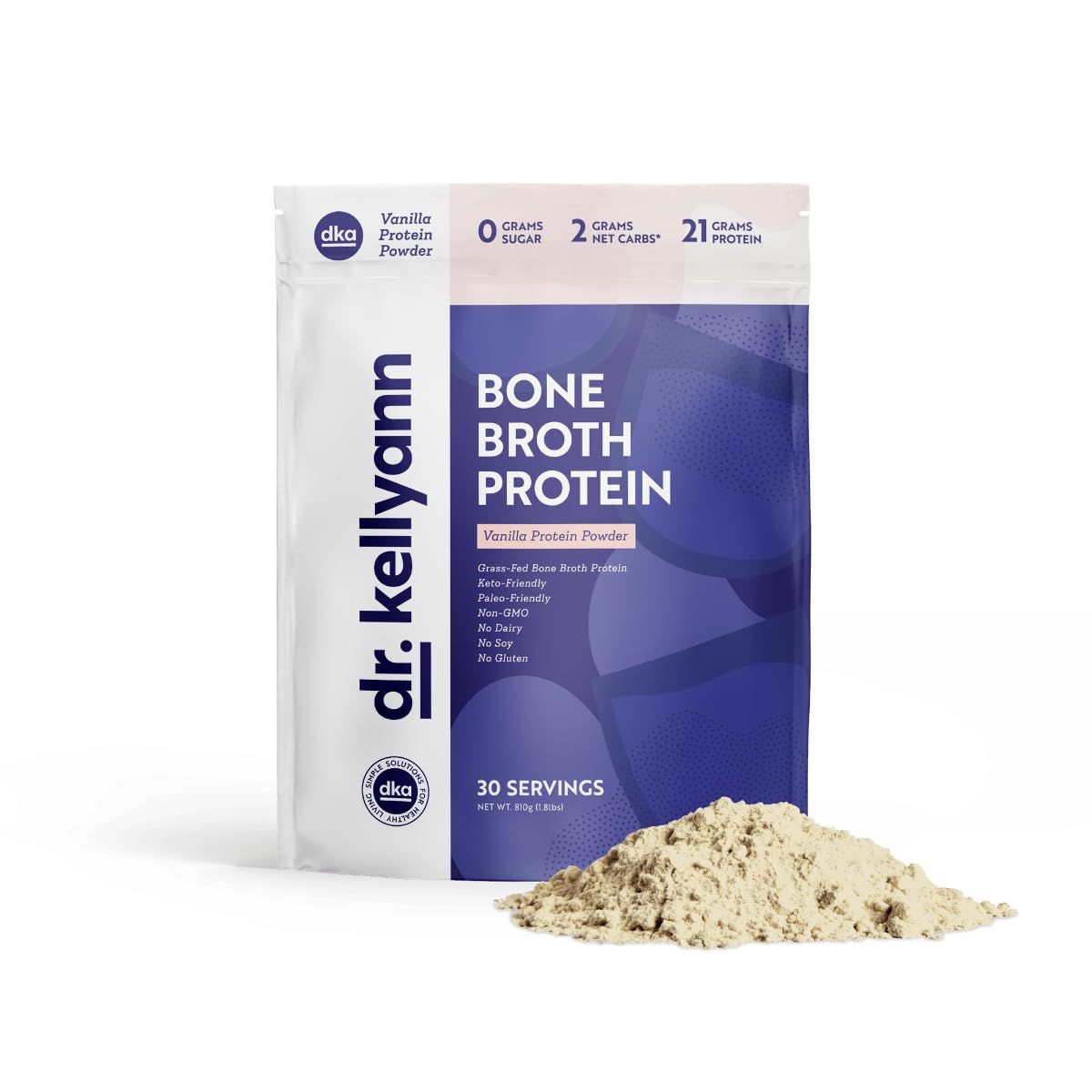 Dr. Kellyann Bone Broth Protein Powder Vanilla (30 Servings) - 21g Protein, Grass-Fed Collagen, Sugar-Free, Keto &amp; Paleo-Friendly, 1 Pack