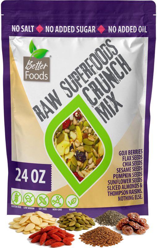 BetterFoods Raw Superfoods Crunch Mix  Antioxidant Rich Premium Salad Toppings with Organic Goji Berries &amp; Mixed Seeds  6g Plant Protein, Keto Friendly, Non-GMO, Vegan  24oz Bag