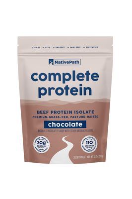 NativePath Complete Beef Protein Powder Isolate - Grass-Fed, Pasture-Raised, Dairy &amp; Lactose Free, Gluten Free, Zero Sugar, MCTs &amp; Amino Acids - 20g Protein, Chocolate Flavor, 30 Servings