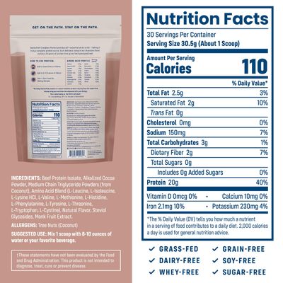 NativePath Complete Beef Protein Powder Isolate - Grass-Fed, Pasture-Raised, Dairy & Lactose Free, Gluten Free, Zero Sugar, MCTs & Amino Acids - 20g Protein, Chocolate Flavor, 30 Servings