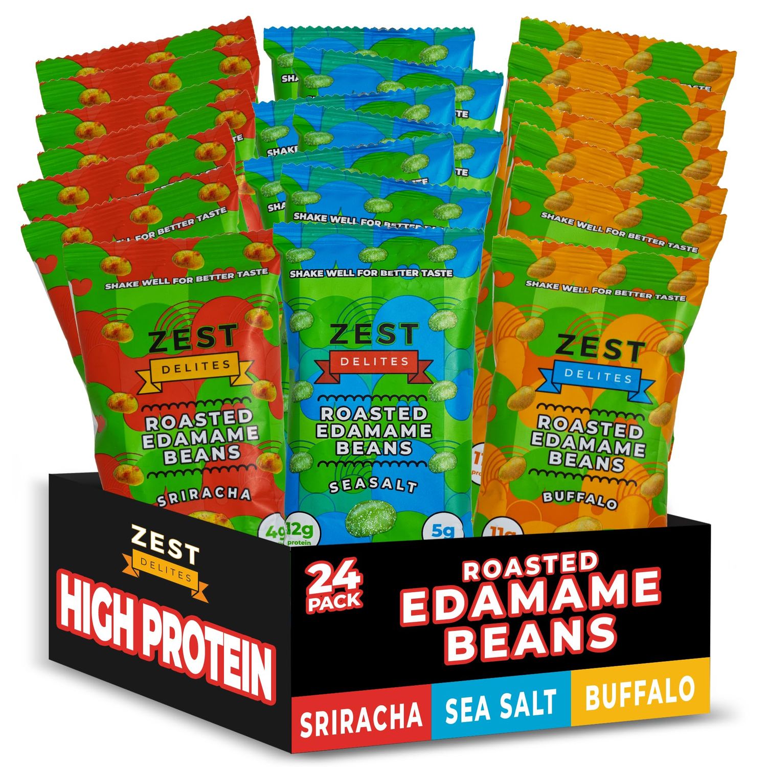Crunchy Dry Roasted Edamame Beans Snack by Zest Delites, Sea Salt - Sriracha - Buffalo, Vegan, Low Calorie High Protein Snacks, Low Carb, Keto, Gluten Free, 0.9 oz 24 Packs