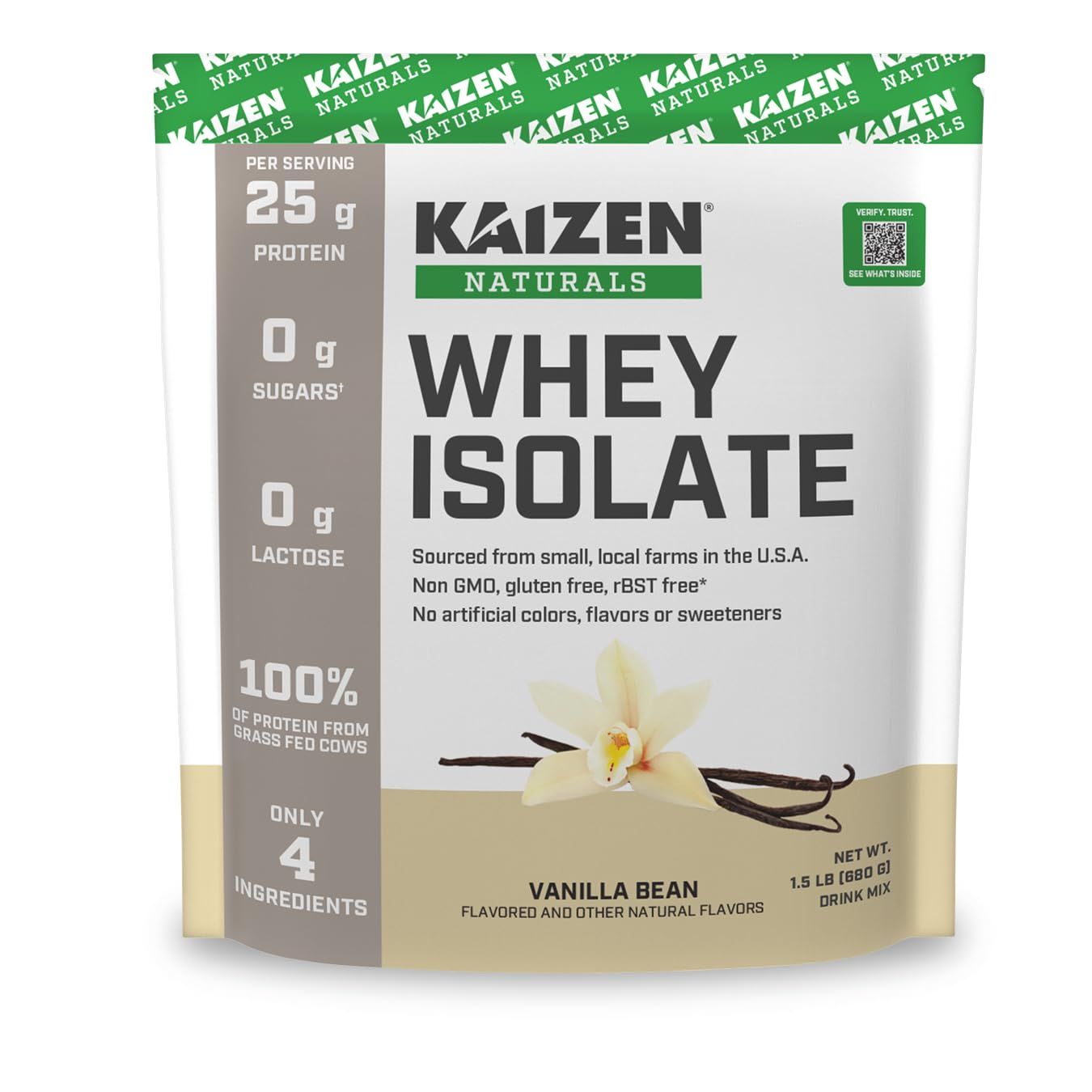 Whey Isolate  Vanilla  25g Protein  Grass fed  No Artificial Ingredients  Only 4 Ingredients  See the Test Results  0g Lactose  Fast Absorption  Gluten Free  Non GMO  1.5lb  23 servings
