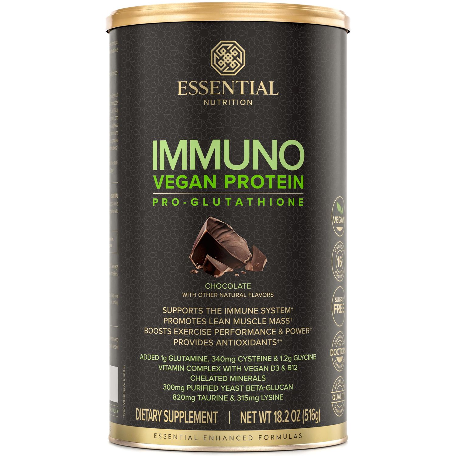 Essential Nutrition - Immuno Vegan - Plant-Based Protein Powder, 16g Protein Per Serving, Added Amino Acids &amp; Multivitamin - Beta Glucan, Glutathione Production - Chocolate - 18.2oz