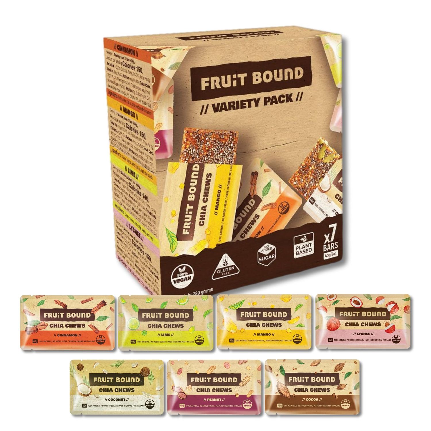 FRUIT BOUND Chia Bars Healthy Snacks Fruit Bars With Organic Chia Seed, Vegan Bar No Added Sugar, Plant Based Snack (7 Count, Variety Pack)