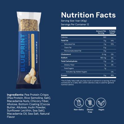 Blueprint Bryan Johnson Macadamia Nut Protein Bar - 9G Plant Protein - Healthy Fats - Supports Muscle Growth - Low Carb &amp; Sugar - Natural Ingredients - Vegan Keto Snack (Raspberry - 12 Pack)