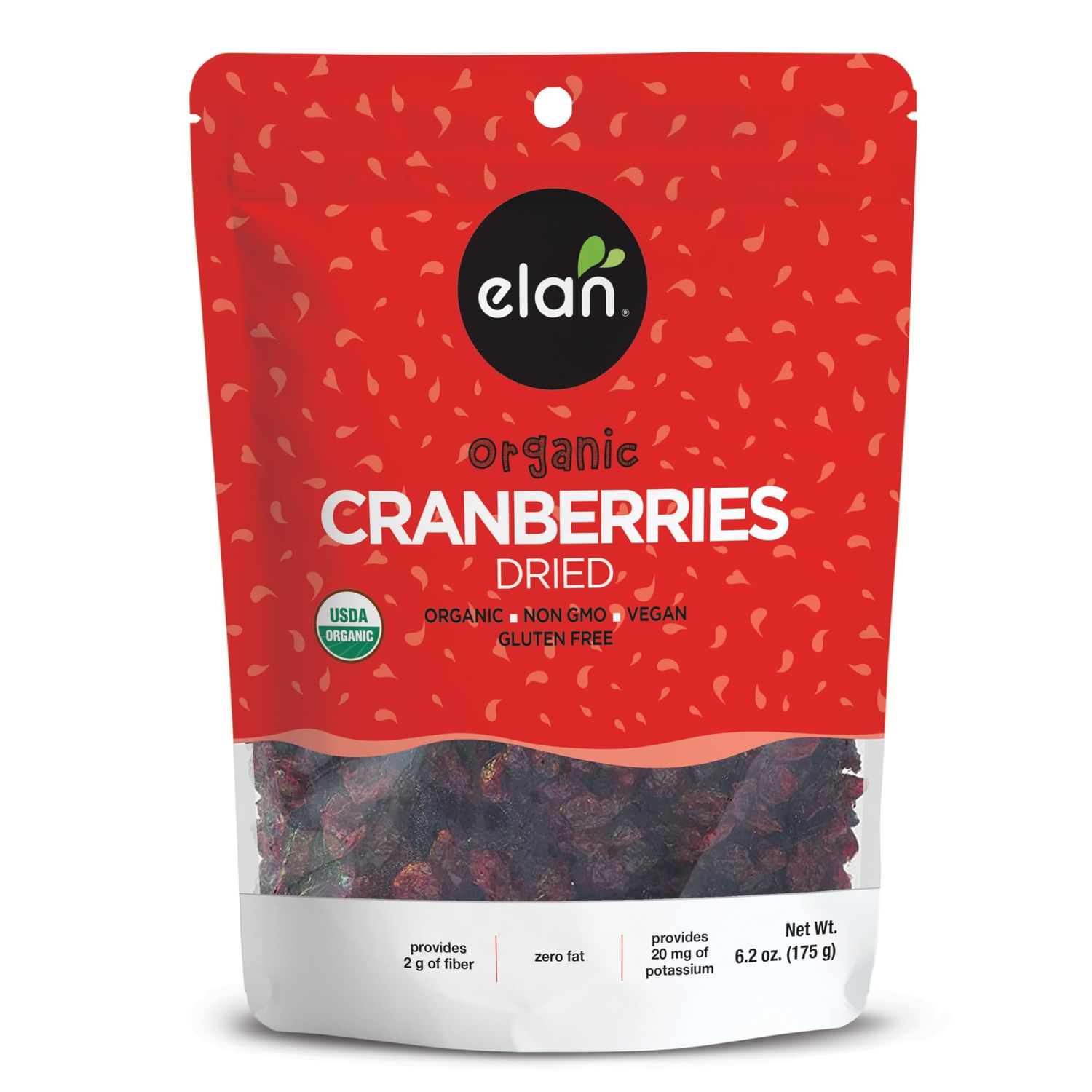 Elan Organic Dried Cranberries, 6.2 oz, Whole Dried Cranberries, No Sulphites, No Fat, Non-GMO, Vegan, Gluten-Free, Kosher, Dried Fruits, Healthy Snacks