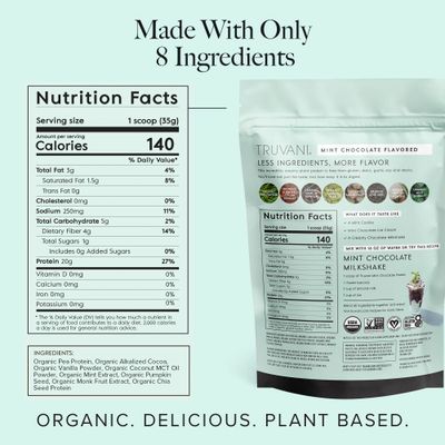 Truvani Vegan Pea Protein Powder  Mint Chocolate  20g Organic Plant Based Protein  20 Servings  Keto  Gluten &amp; Dairy Free  Low Carb  No Added Sugar
