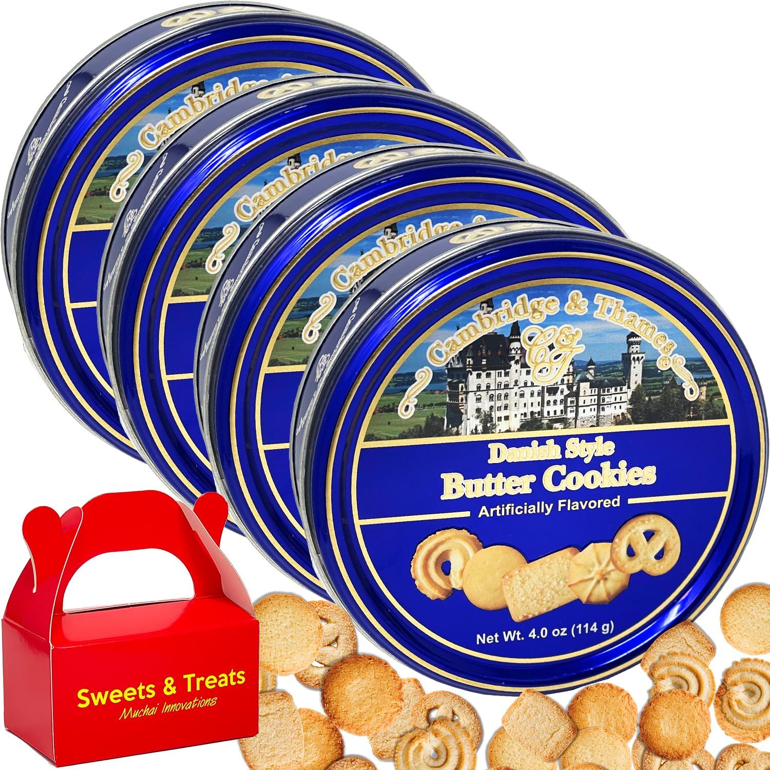 Danish Style Butter Cookies  Different Shapes Assortment Gift Pack  Gourmet Gifts for Holiday Stocking Stuffer Christmas (4.0 OZ 4 Pack Tins, Butter Cookies)