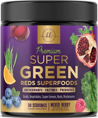 Greens Superfood Powder with Spirulina, Chlorella &amp; Digestive Enzymes - Antioxidant Super Green Powder Mix for Energy Support, 20 Amazing Superfoods &amp; Greens Blend, Vegan, Non-GMO - 30 Servings