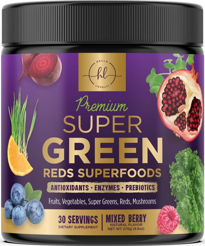 Greens Superfood Powder with Spirulina, Chlorella &amp; Digestive Enzymes - Antioxidant Super Green Powder Mix for Energy Support, 20 Amazing Superfoods &amp; Greens Blend, Vegan, Non-GMO - 30 Servings